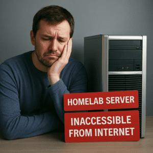 A frustrated man sitting in front of a homelab server that's inaccessible from the internet, illustrating the need for automatic DNS failover.